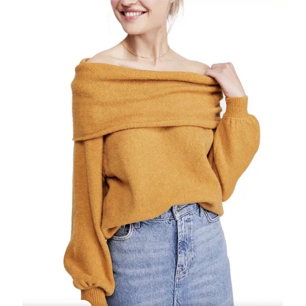 Free People Echo Beach Mustard Knit Sweater‎ Cowl Neck Honeycrisp Heater Medium